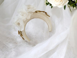 Ivory Halo Fascinator Headband, with Silk Organza flower Vine and Gold Beads