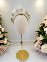 Load image into Gallery viewer, Ivory Halo Fascinator Headband, with Silk Organza flower Vine and Gold Beads