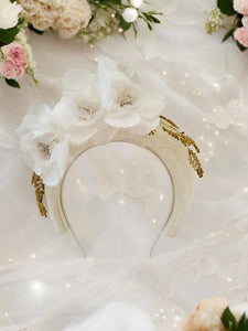 Ivory Halo Fascinator Headband, with Silk Organza flower Vine and Gold Beads
