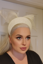 Load image into Gallery viewer, Pink Bow Headband Ivory Fascinator, on a Sinamay Halo Base, Back Bow colour options