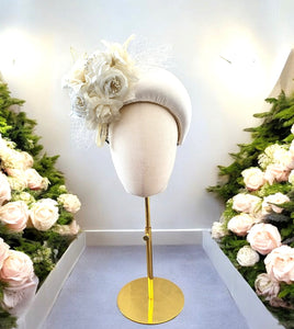 Ivory Silk Headband Fascinator – Bandeau Style with Flowers and Veiling, 10cm Wide
