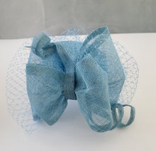 Load image into Gallery viewer, Light Blue Percher Hat Fascinator, with Bow and Veiling,