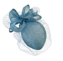 Load image into Gallery viewer, Light Blue Percher Hat Fascinator, with Bow and Veiling,