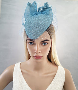 Light Blue Percher Hat Fascinator, with Bow and Veiling,
