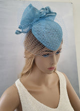 Load image into Gallery viewer, Light Blue Percher Hat Fascinator, with Bow and Veiling,