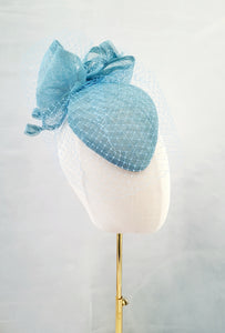 Light Blue Percher Hat Fascinator, with Bow and Veiling,