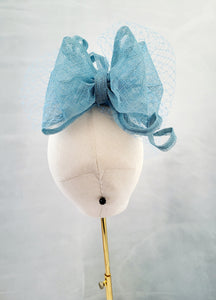 Light Blue Percher Hat Fascinator, with Bow and Veiling,
