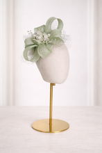 Load image into Gallery viewer, Light Sage Green Sinamay Fascinator Headpiece — Looped Bow with Diamante Flower Brooch