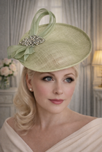 Load image into Gallery viewer, Light Sage Green Percher Hat, Silk Abaca Fascinator with Rhinestone Detail, Races Wedding Headpiece