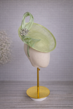 Load image into Gallery viewer, Light Sage Green Percher Hat, Silk Abaca Fascinator with Rhinestone Detail, Races Wedding Headpiece