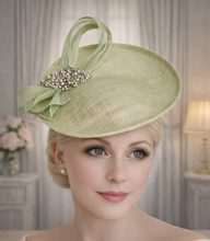 Load image into Gallery viewer, Light Sage Green Percher Hat, Silk Abaca Fascinator with Rhinestone Detail, Races Wedding Headpiece