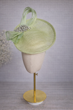 Load image into Gallery viewer, Light Sage Green Percher Hat, Silk Abaca Fascinator with Rhinestone Detail, Races Wedding Headpiece