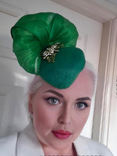 Load image into Gallery viewer, Green Percher Pillbox Hat with Rhinestone Detail and Silk Abaca Swirl
