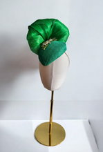 Load image into Gallery viewer, Green Percher Pillbox Hat with Rhinestone Detail and Silk Abaca Swirl