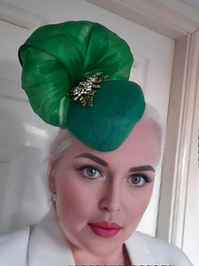 Green Percher Pillbox Hat with Rhinestone Detail and Silk Abaca Swirl