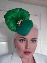 Load image into Gallery viewer, Green Percher Pillbox Hat with Rhinestone Detail and Silk Abaca Swirl