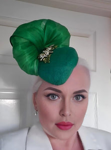 Green Percher Pillbox Hat with Rhinestone Detail and Silk Abaca Swirl