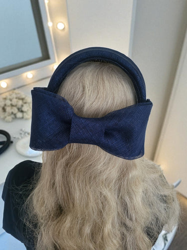 Navy Blue Bow Ridged Headband Fascinator, with Back Bow, 8 cm wide