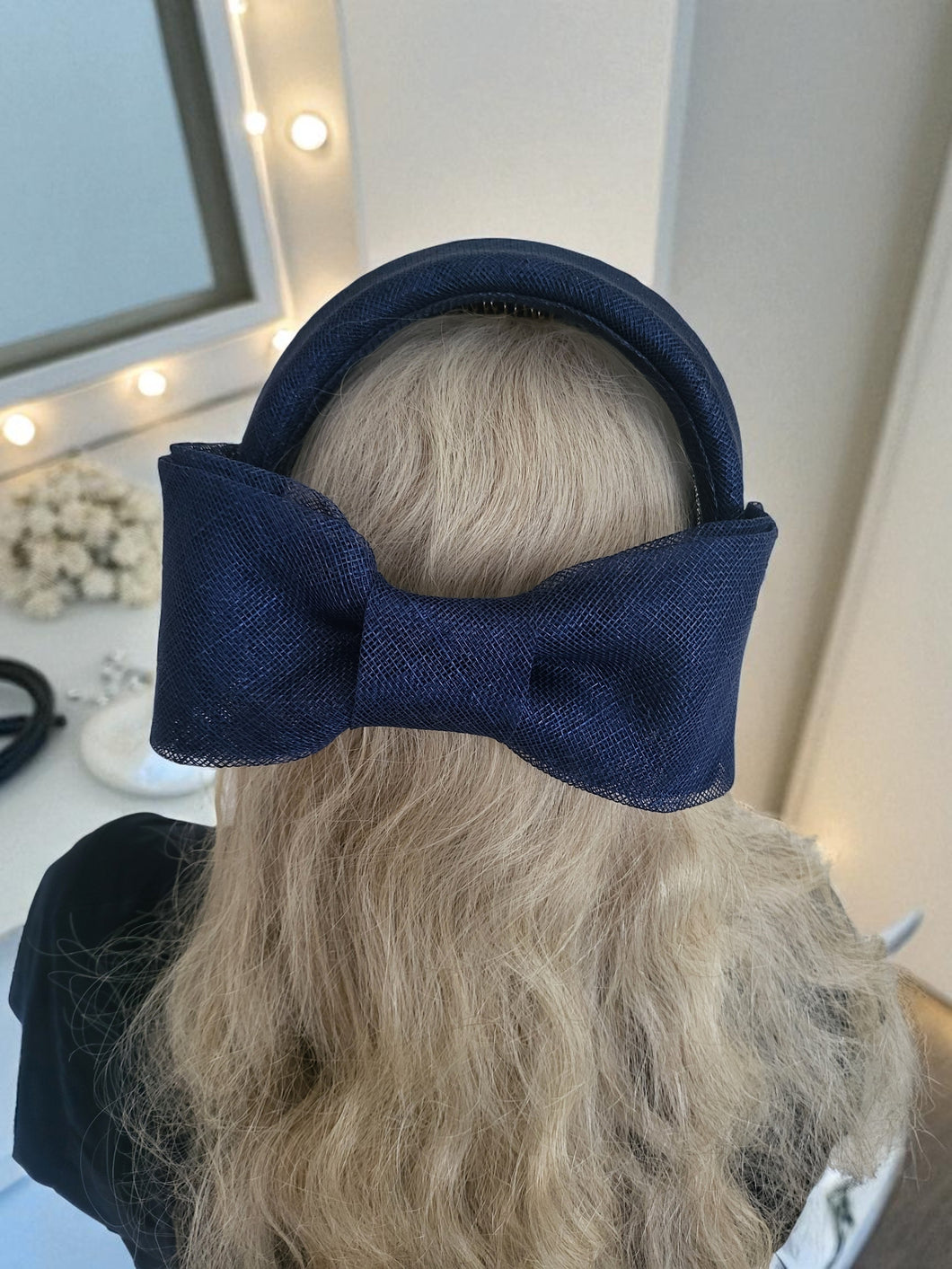 Navy Blue Bow Ridged Headband Fascinator, with Back Bow, 8 cm wide