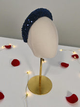 Load image into Gallery viewer, Navy Sequin Padded Headband, Plush Domed Velvet Band, 4 cm Wide
