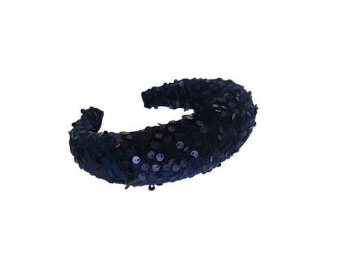 Navy Sequin Padded Headband, Plush Domed Velvet Band, 4 cm Wide