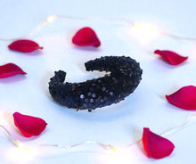 Load image into Gallery viewer, Navy Sequin Padded Headband, Plush Domed Velvet Band, 4 cm Wide