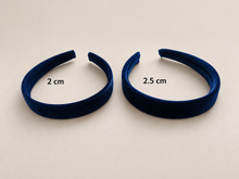 Load image into Gallery viewer, Blue Velvet Alice Band Headband — Flat Style with Size Options