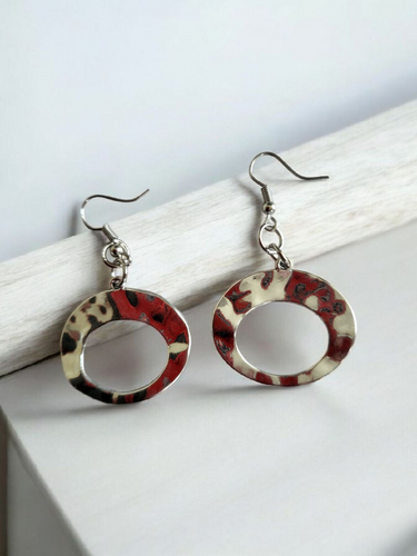 Oval Hoop Drop Earrings in Silver Tone – 5.5cm Drop - Hammered Finish