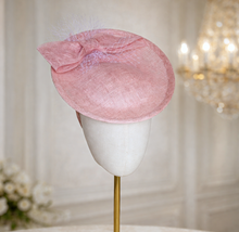 Load image into Gallery viewer, Pale Pink Percher Hat, Bow and Net Veiling Detail, Races Wedding Headpiece