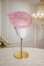 Load image into Gallery viewer, Pale Pink Percher Hat, Bow and Net Veiling Detail, Races Wedding Headpiece