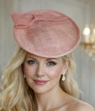 Load image into Gallery viewer, Pale Pink Percher Hat, Bow and Net Veiling Detail, Races Wedding Headpiece