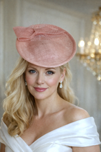 Load image into Gallery viewer, Pale Pink Percher Hat, Bow and Net Veiling Detail, Races Wedding Headpiece