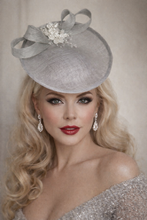 Load image into Gallery viewer, Pale Grey Sinamay Fascinator Hat with Looped Bow and Diamante Flower Brooch Headband