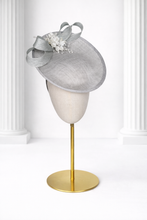 Load image into Gallery viewer, Pale Grey Sinamay Fascinator Hat with Looped Bow and Diamante Flower Brooch Headband