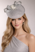 Load image into Gallery viewer, Pale Grey Sinamay Fascinator Hat with Looped Bow and Diamante Flower Brooch Headband