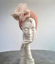 Load image into Gallery viewer, Pale Pink Fascinator 7 cms Tall Headband, with Flowers and Veiling, Halo Shape
