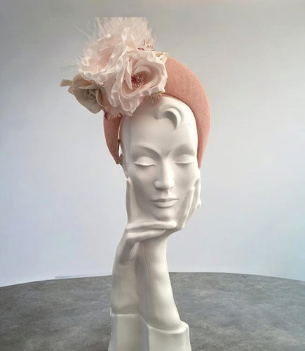 Pale Pink Fascinator 7 cms Tall Headband, with Flowers and Veiling, Halo Shape