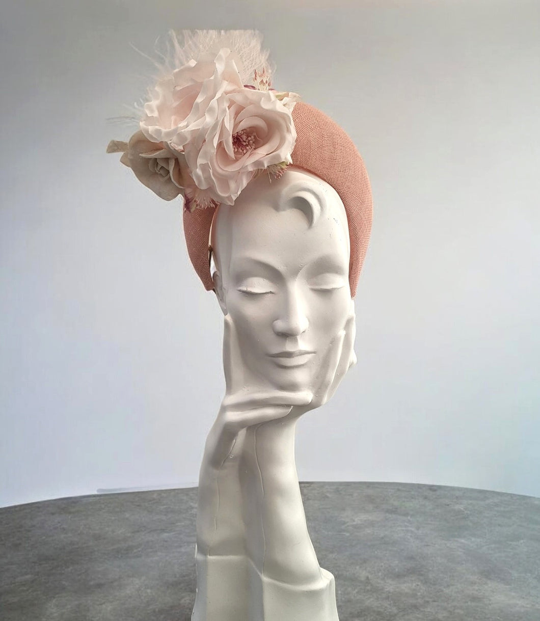 Pale Pink Fascinator 7 cms Tall Headband, with Flowers and Veiling, Halo Shape