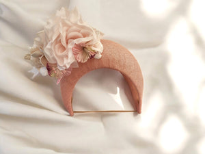 Pale Pink Fascinator 7 cms Tall Headband, with Flowers and Veiling, Halo Shape