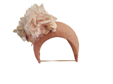 Load image into Gallery viewer, Pale Pink Fascinator 7 cms Tall Headband, with Flowers and Veiling, Halo Shape