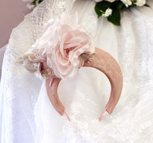 Load image into Gallery viewer, Pale Pink Fascinator Headband, with Flowers and Veiling