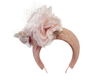 Load image into Gallery viewer, Pale Pink Fascinator Headband, with Flowers and Veiling