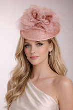 Load image into Gallery viewer, Blush Pink Sinamay Percher Hat — Silk Organza Flower &amp; Bow Detail Headband