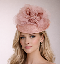 Load image into Gallery viewer, Blush Pink Sinamay Percher Hat — Silk Organza Flower &amp; Bow Detail Headband