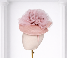 Load image into Gallery viewer, Blush Pink Sinamay Percher Hat — Silk Organza Flower &amp; Bow Detail Headband