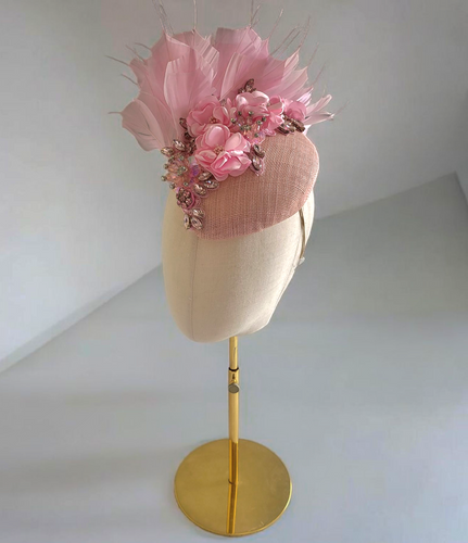 Pink Sinamay Percher Hat Fascinator with Rhinestone Flowers & Feathers