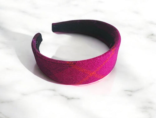 Pink Tartan Check Plain Flat Headband, Harris Tweed