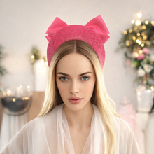 Load image into Gallery viewer, Pink Satin Sailor Bow Headband Fascinator, on a Sinamay Halo Base, with tails