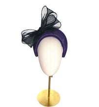 Load image into Gallery viewer, Purple Fascinator Headband — Black Statement Bow Wedding &amp; Race Day Hat