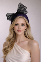 Load image into Gallery viewer, Purple Fascinator Headband — Black Statement Bow Wedding &amp; Race Day Hat